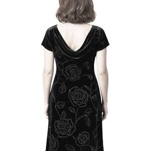 VTG Black Velvet Burnout Floral Lined Dress 10P Flutter Sleeve Draped Cowl Back
